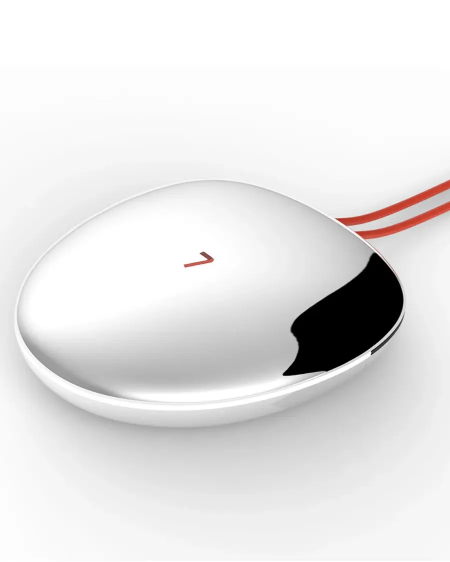 A glossy white pebble-shaped media box with a small red logo and red cables.