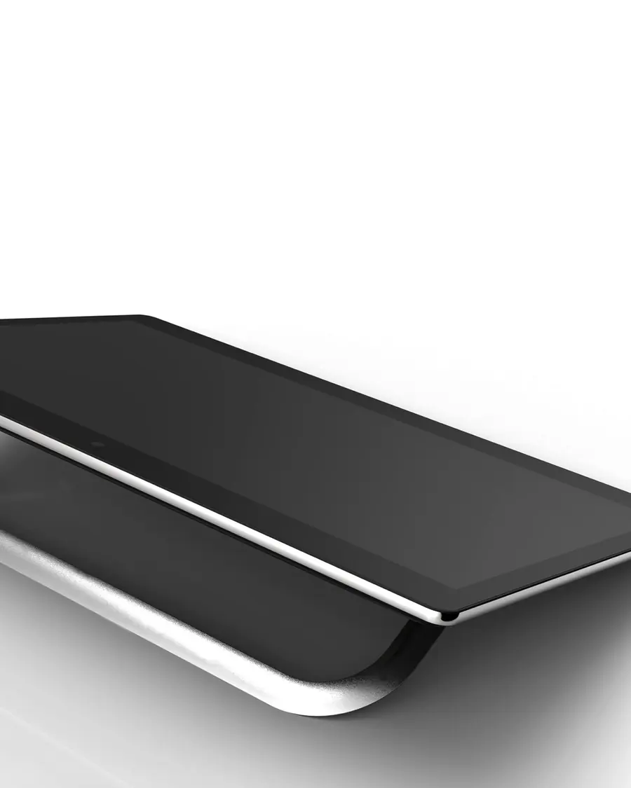 A black tablet-like screen resting on a curved chrome stand.