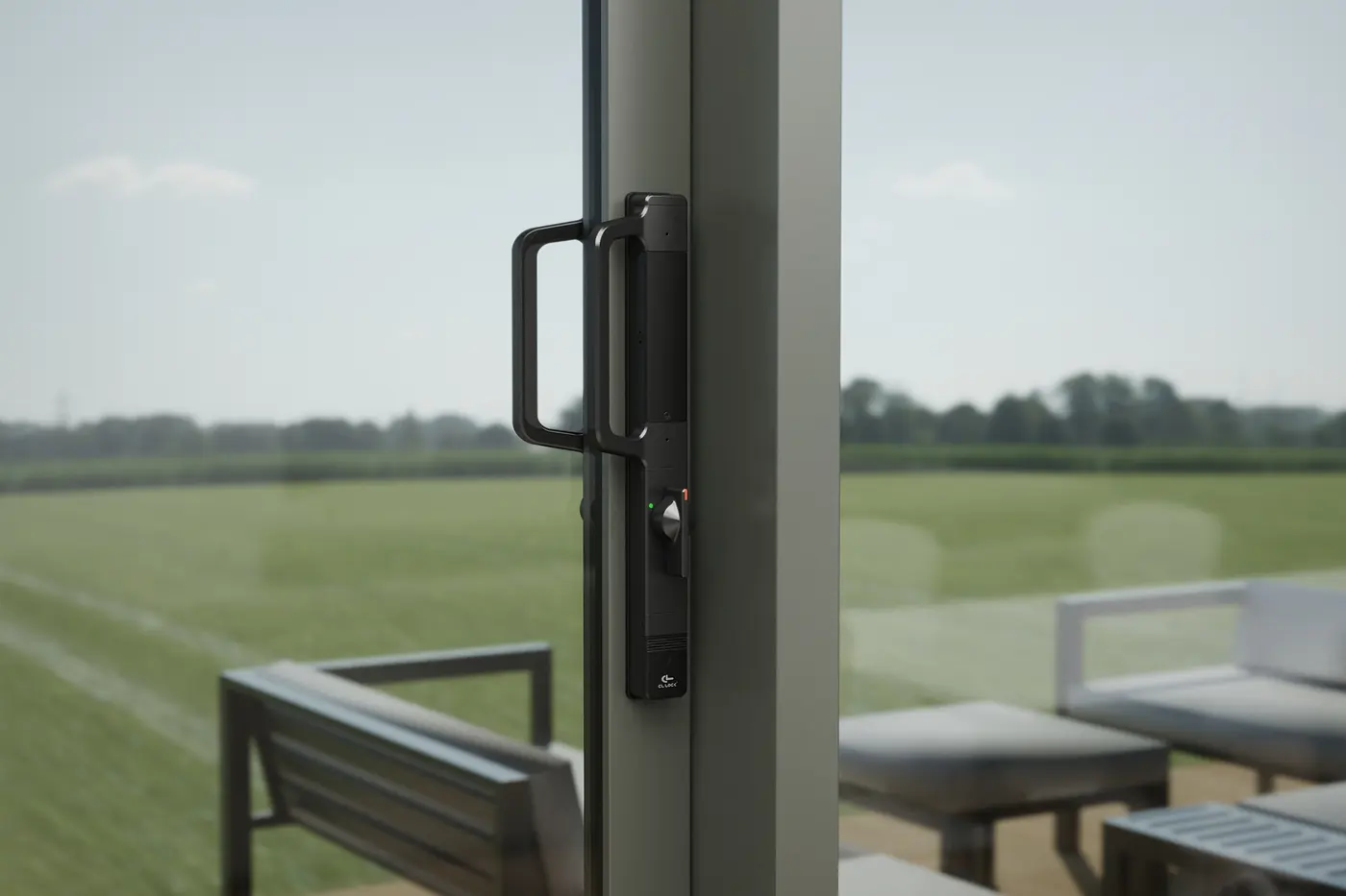 A render of the CL-AI2 digital lock, black on a slim aluminium sliding door, with a garden and fields beyond the glass.