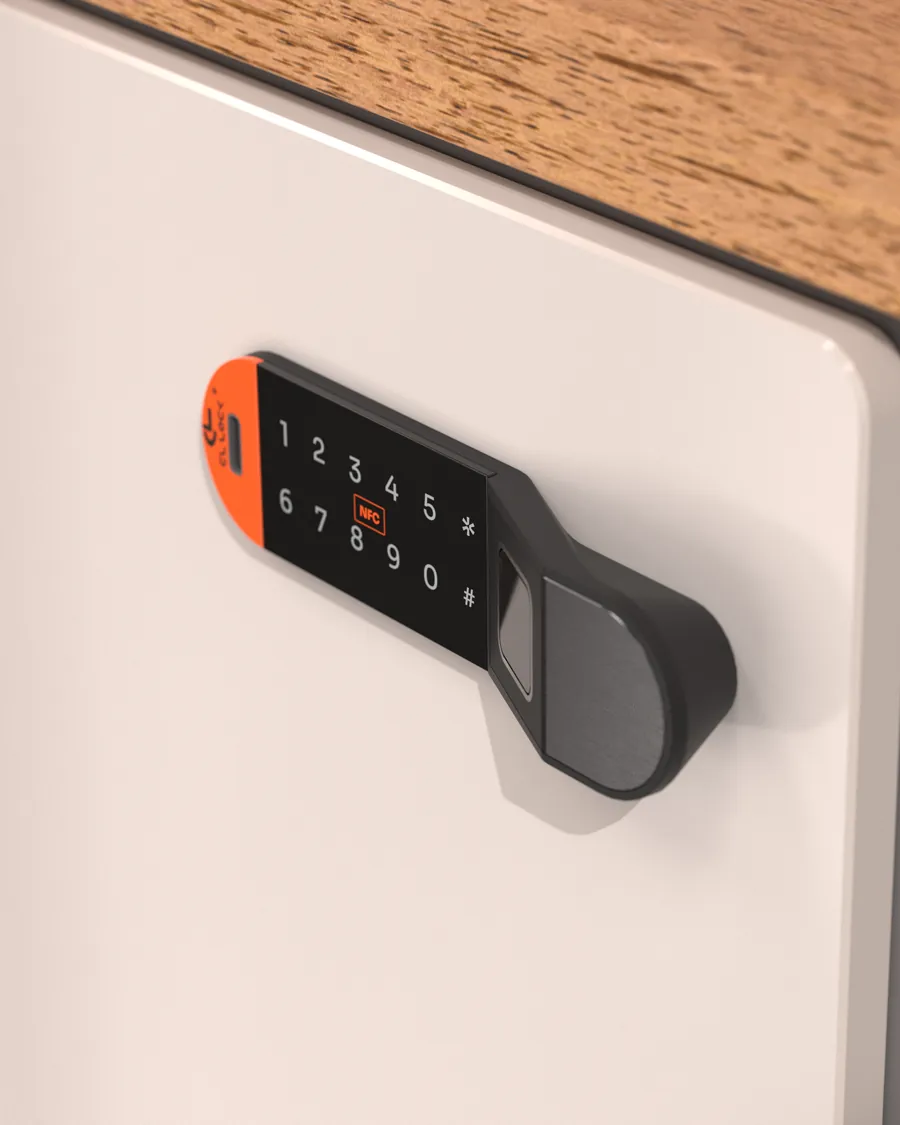 A render of the Cyberlock digital furniture lock on a white locker door: a black keypad with an orange end, an NFC mark and a fingerprint reader in the grip.