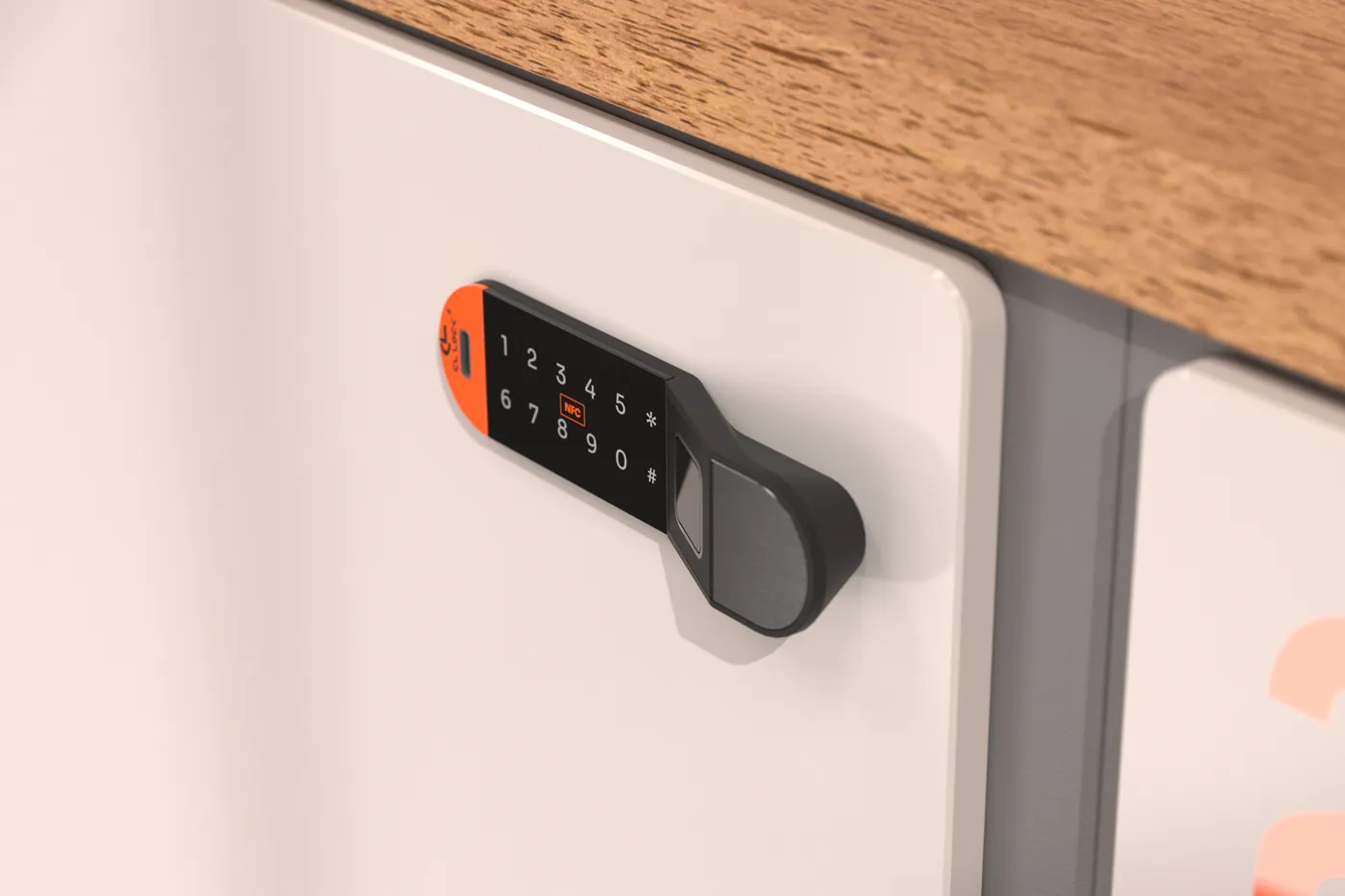 A render of the Cyberlock digital furniture lock on a white locker door: a black keypad with an orange end, an NFC mark and a fingerprint reader in the grip.