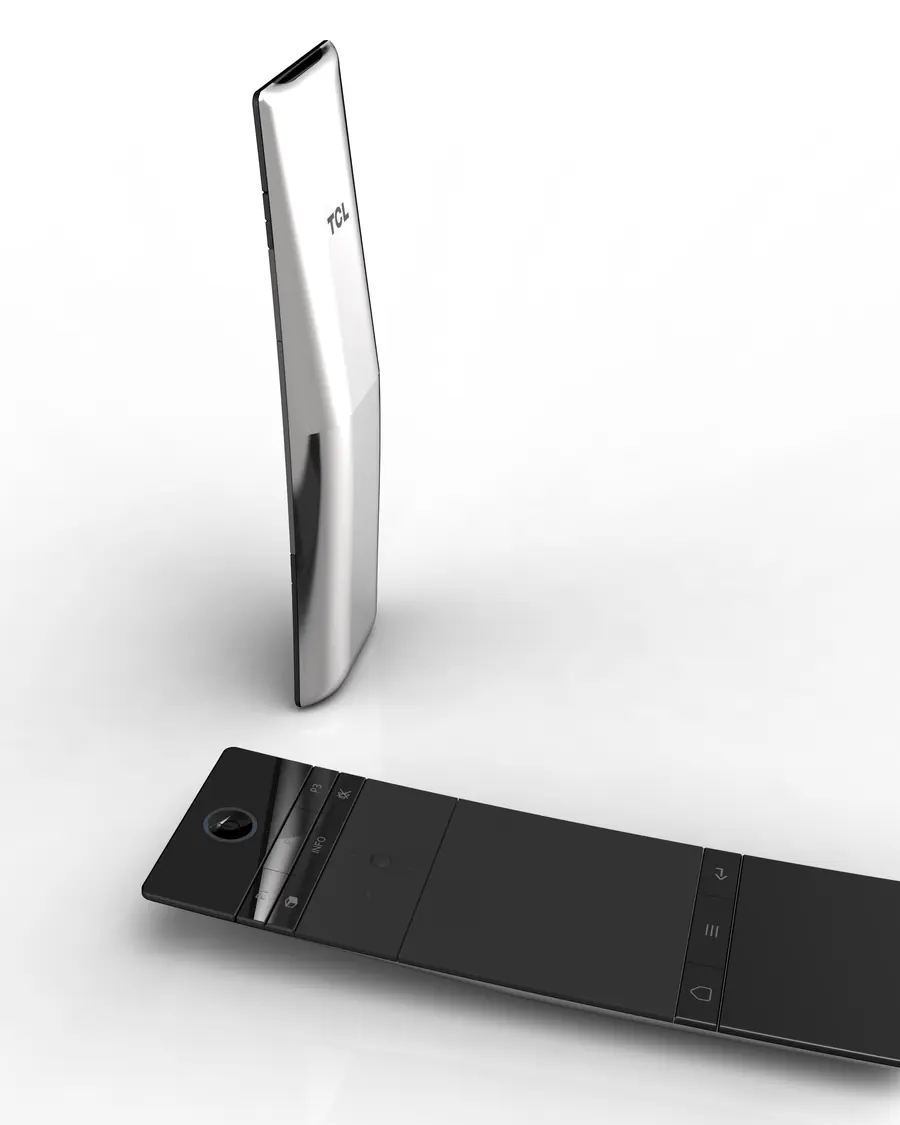 A slim black and silver TCL remote control.