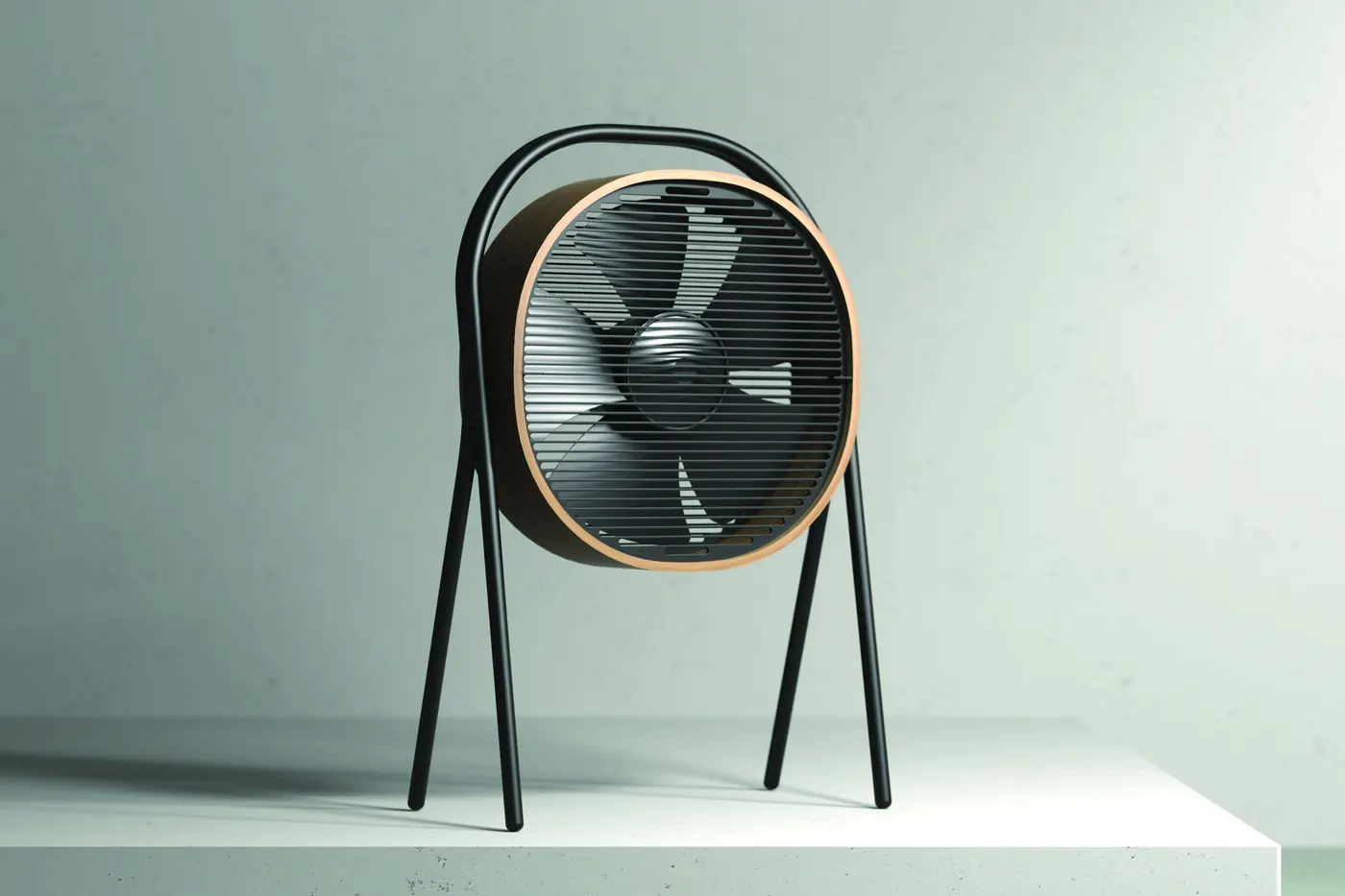 A 3D render of the Sommer electric fan: a round wooden body and dark grille on slim black steel legs, against a pale green wall.