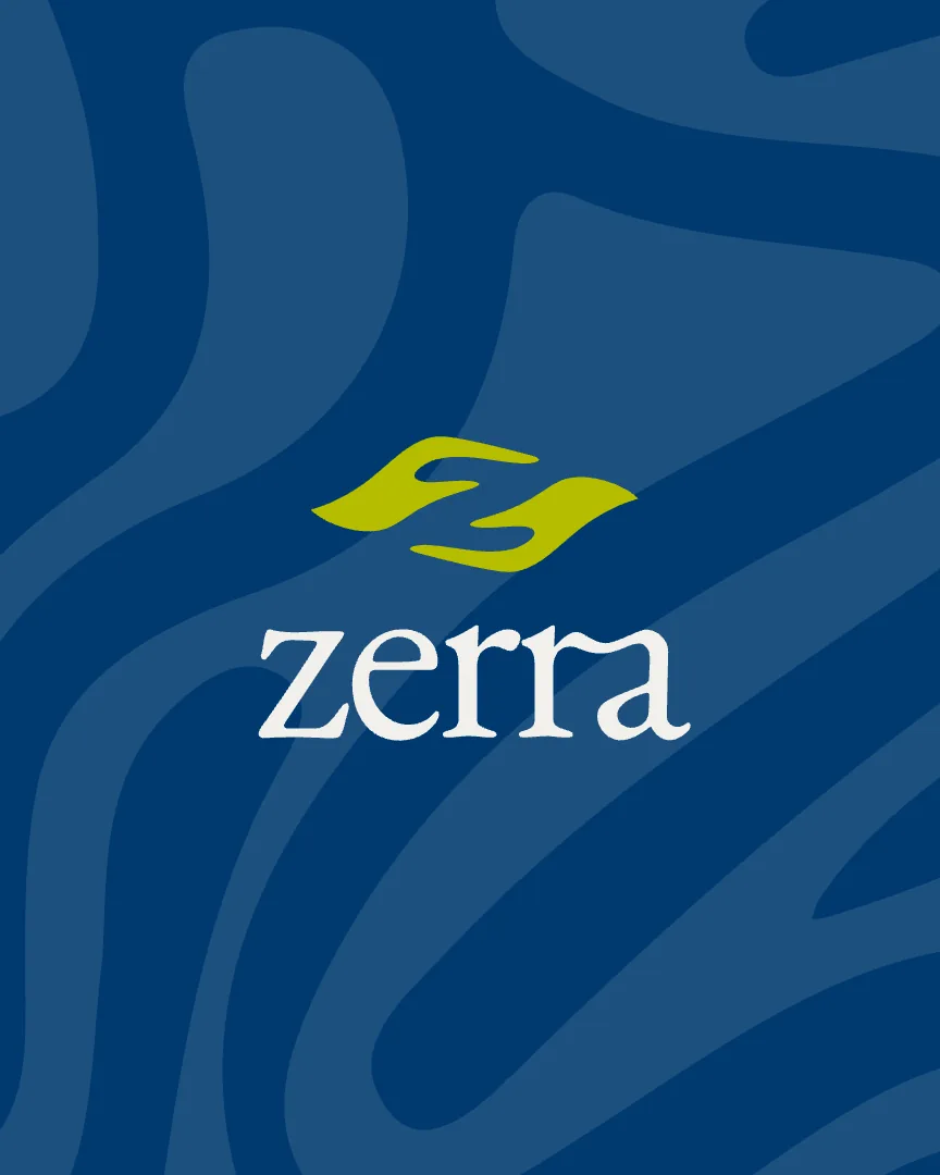 The Zerra logo, a lime leaf symbol over the white wordmark, on navy with the brand's flowing pattern.