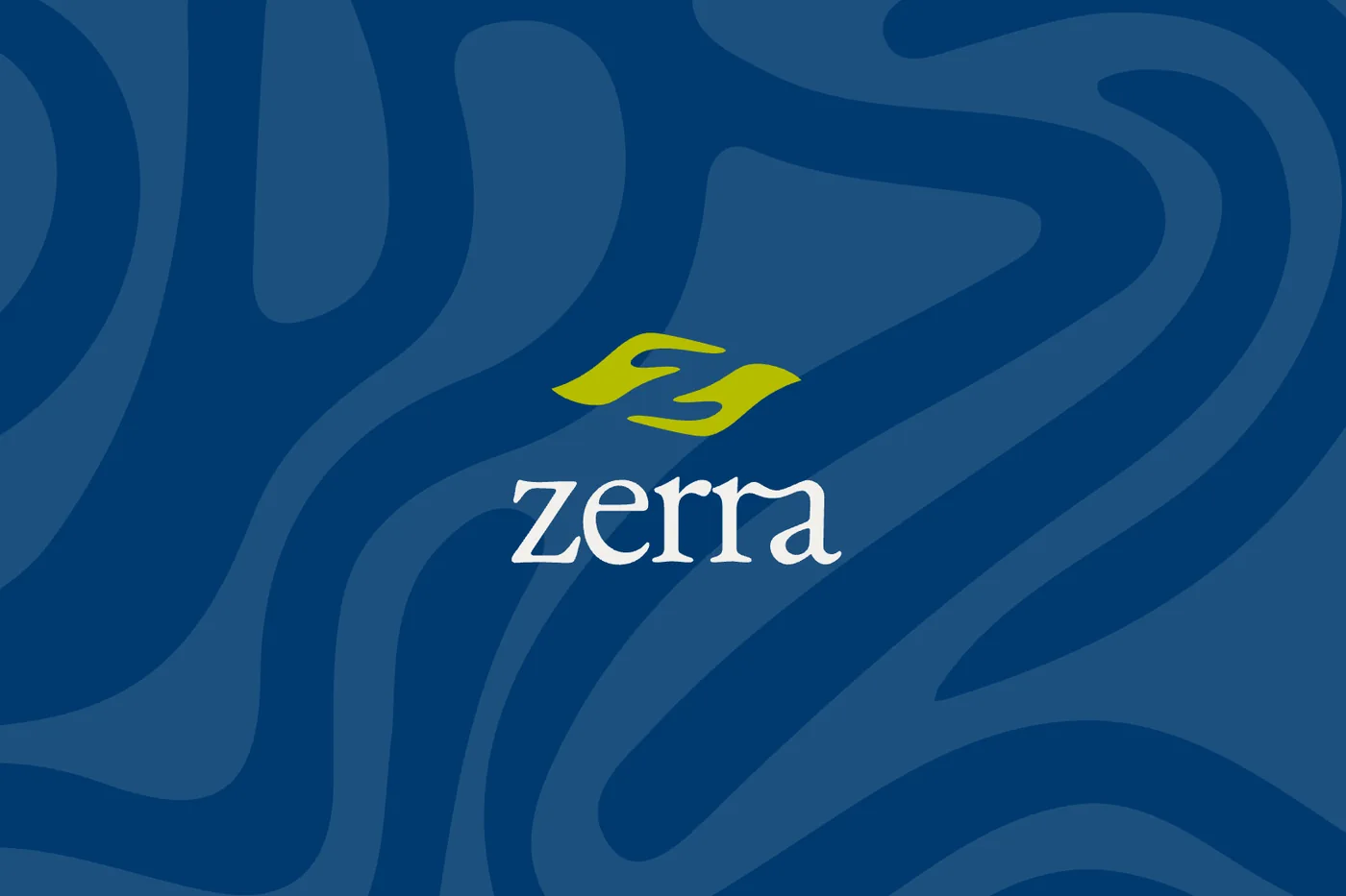 The Zerra logo, a lime leaf symbol over the white wordmark, on navy with the brand's flowing pattern.