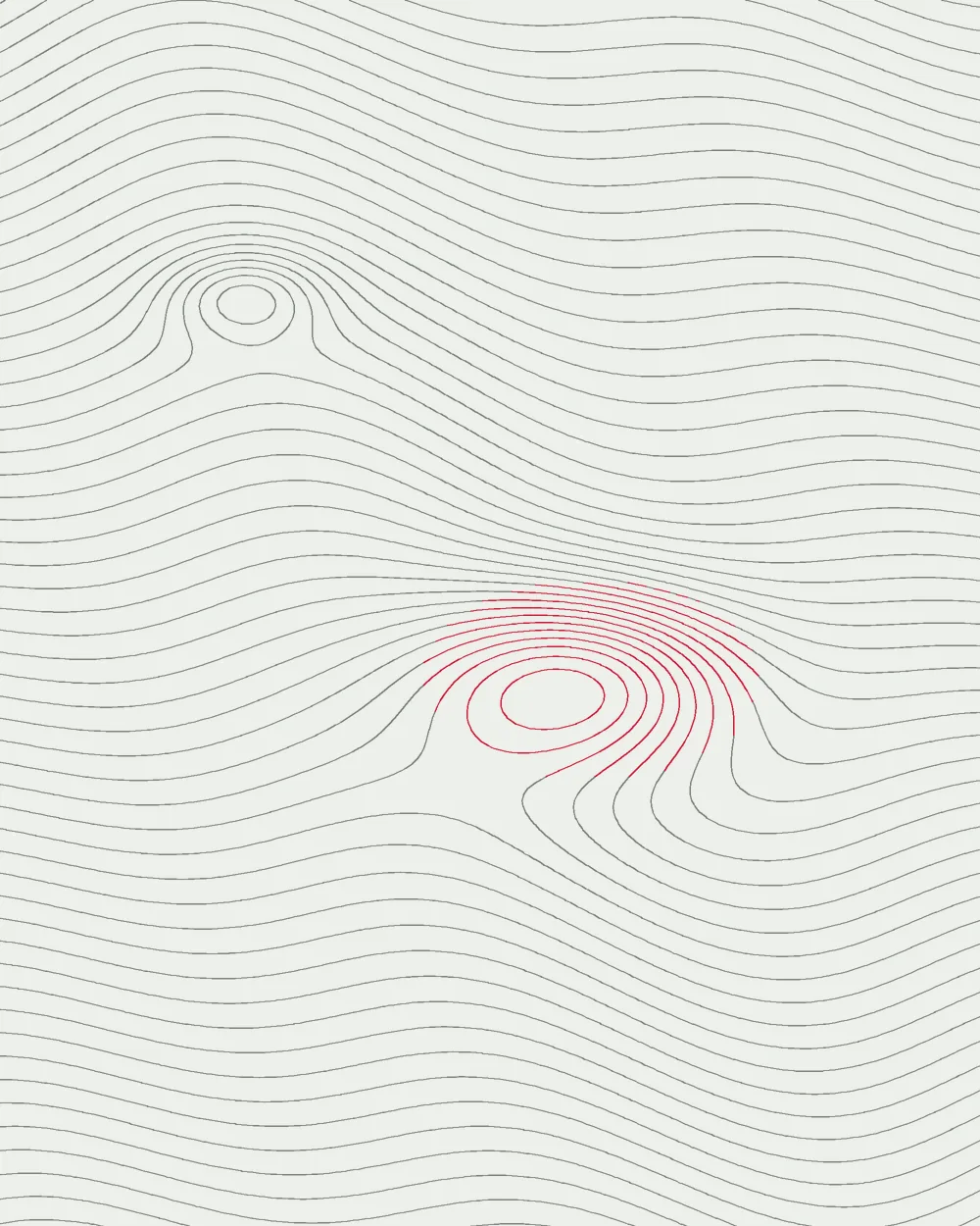 Contour lines with two knots, like a hiking map of the forest or the grain of a plank.
